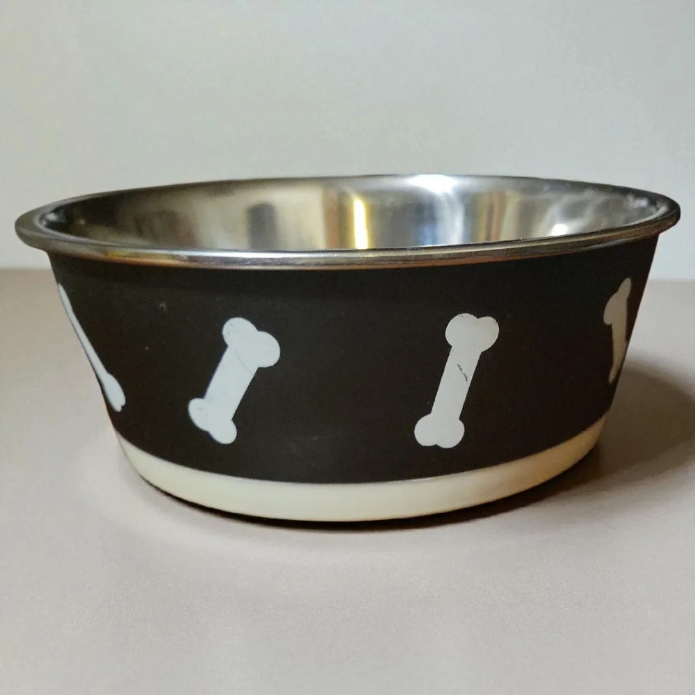 NWT Vibrant Life Dog Cat Pet Dish Bowl Black White Bones Stainless 48 fl oz